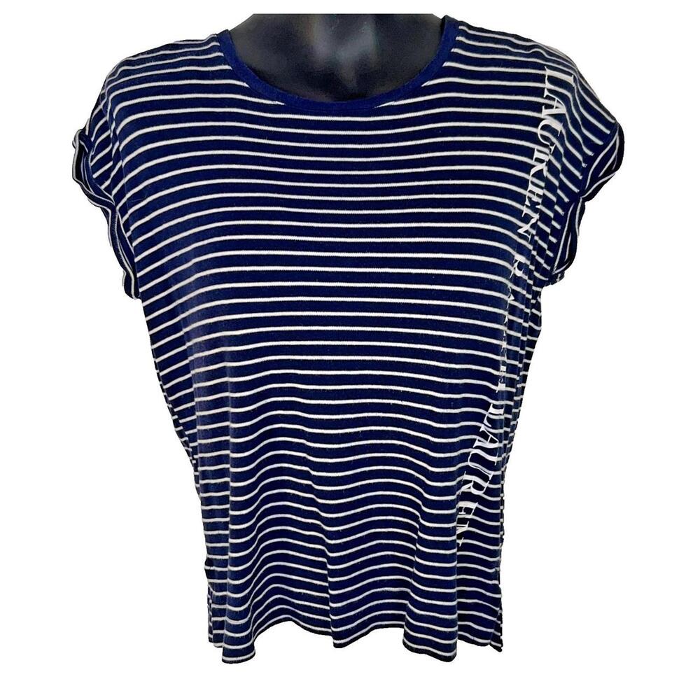 Lauren Ralph Lauren - Women's M Cuff Sleeve Tee Blue White Stripe Brand on Front